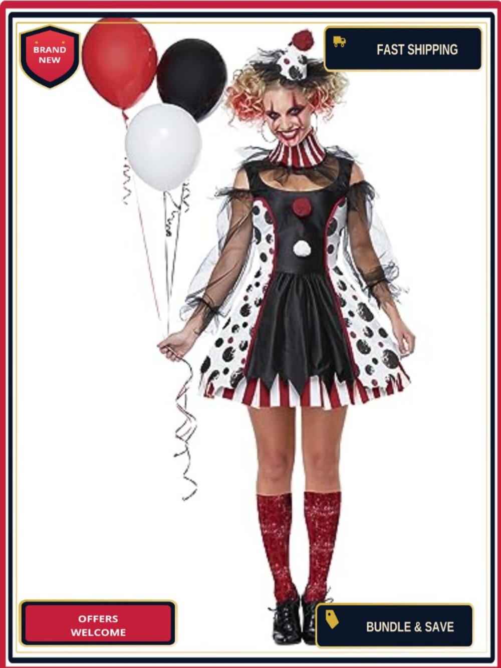 Creepy Clown Halloween Costume Dress Hat Collar Pettiskirt Socks